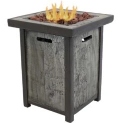 Sunnydaze 20 Inch Cast Stone And Weathered Wood Propane Fire Pit Table - Manual Ignition