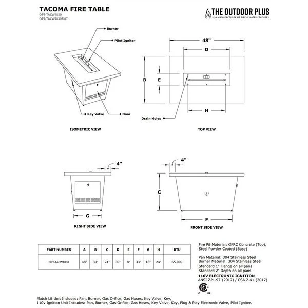 The Outdoor Plus Tacoma 48 X 30 Inch Gas Fire Table Match Lit With Flame Sense System And Ivory Top 5 The Outdoor Plus Tacoma 48 X 30 Inch Gas Fire Table Match Lit With Flame Sense System And Ivory Top - Image 3